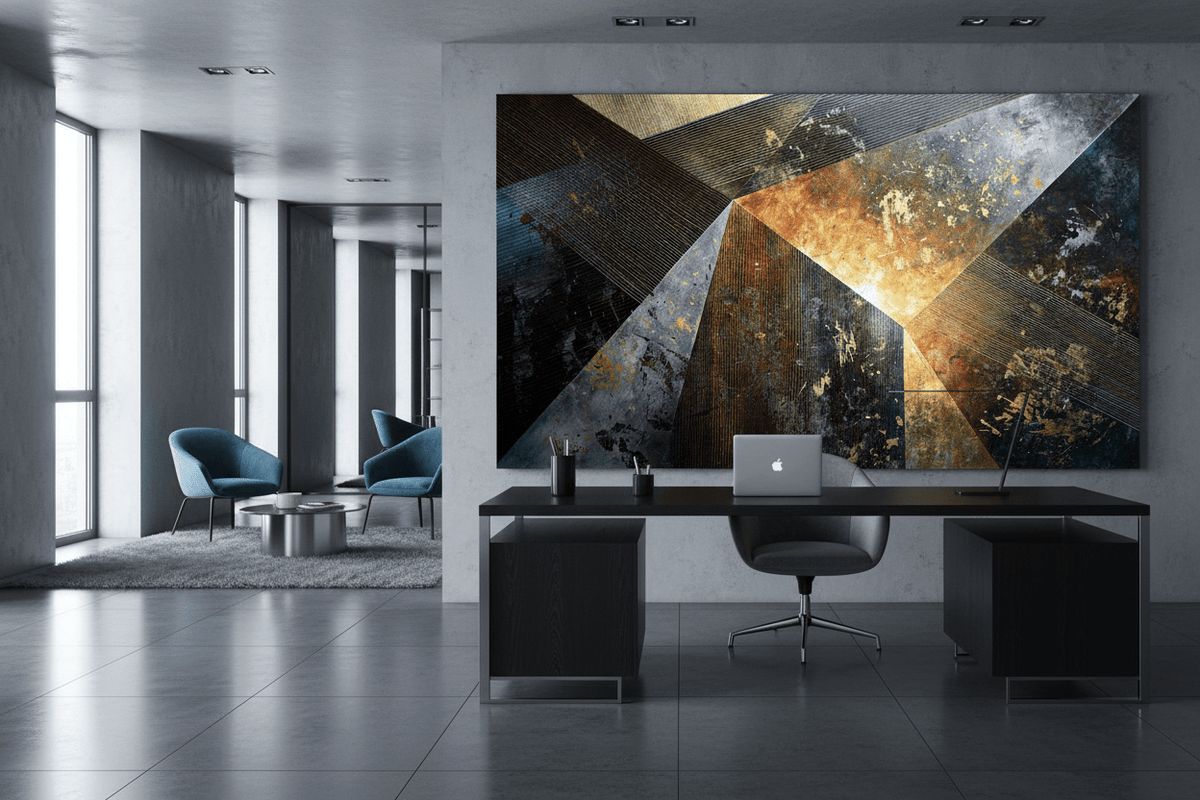 Dark Matter charcoal and amber geometric artwork in a modern executive office