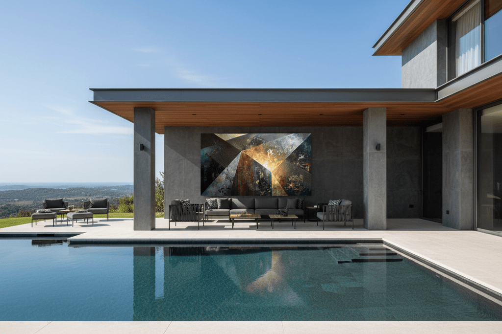 Dark Matter abstract geometric artwork in a pool lounge and outdoor living space
