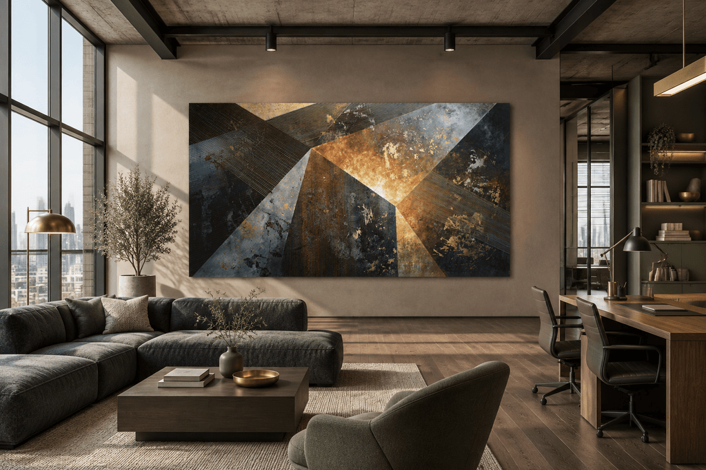 Dark Matter abstract geometric artwork with charcoal, deep teal, steel grey and amber planes in an open-plan office