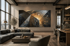 Dark Matter abstract geometric artwork with charcoal, deep teal, steel grey and amber planes in an open-plan office