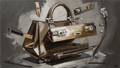 Deconstructed Icon conceptual artwork with leather panels, brass hardware and suspended bag fragments