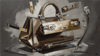 Deconstructed Icon conceptual artwork with leather panels, brass hardware and suspended bag fragments