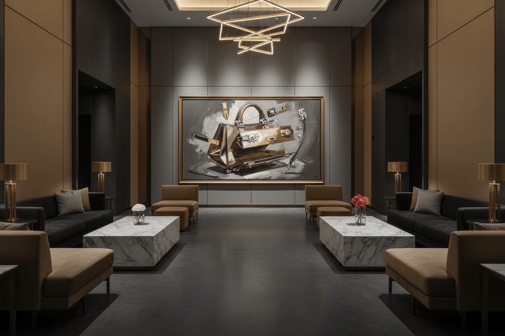 Deconstructed Icon leather and brass artwork in a luxury hotel lobby