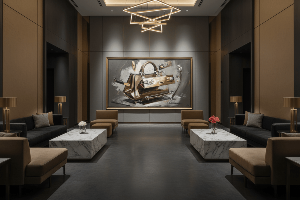 Deconstructed Icon leather and brass artwork in a luxury hotel lobby