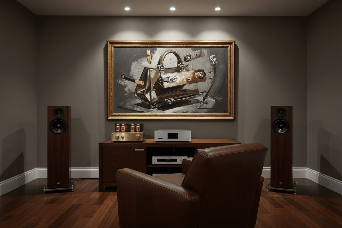 Deconstructed Icon conceptual leather artwork in a luxury living room