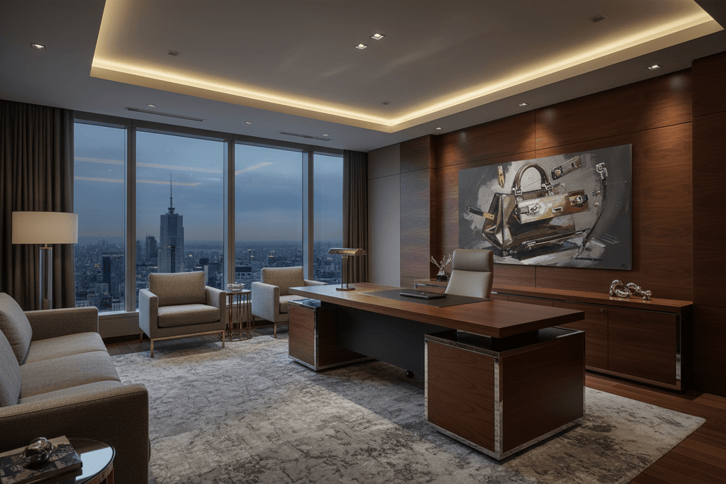 Deconstructed Icon leather and brass conceptual artwork in a modern executive office