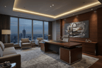 Deconstructed Icon leather and brass conceptual artwork in a modern executive office