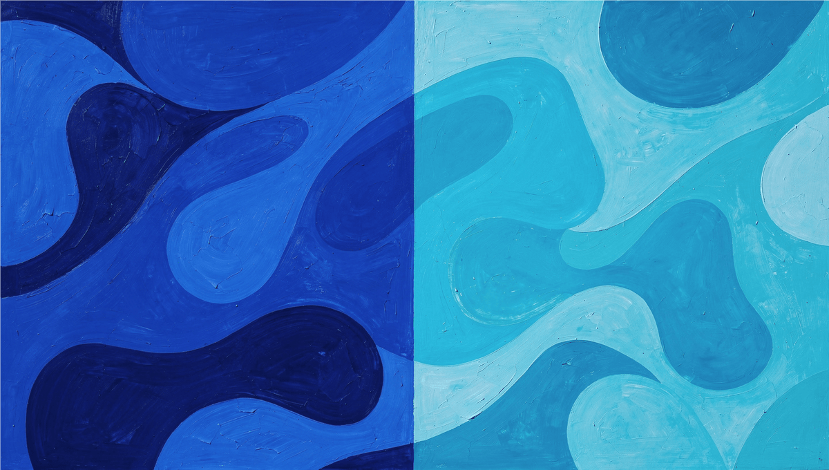Deep & Shallow organic abstract artwork with navy, cobalt, aqua and glacial-cyan fields