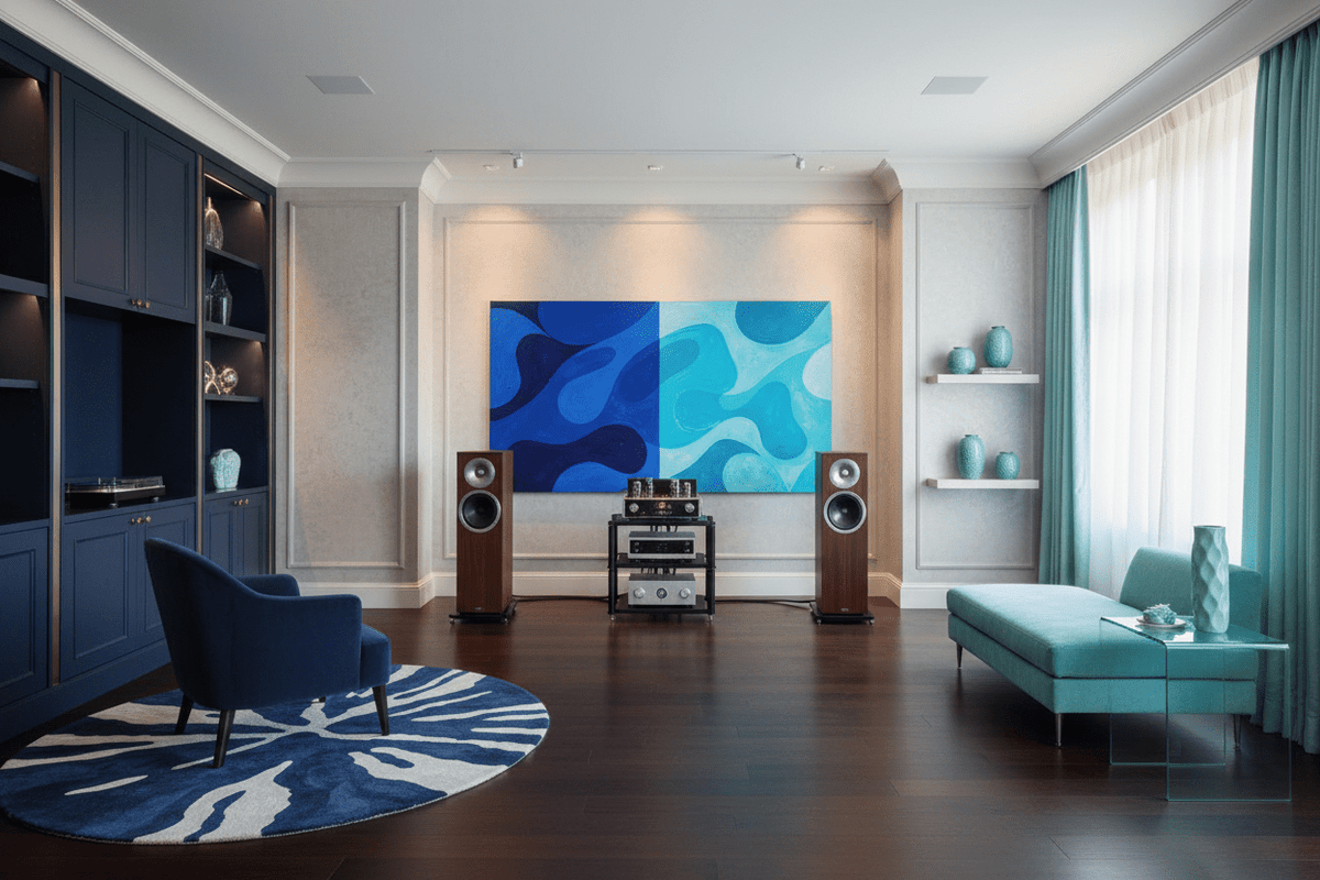 Deep & Shallow navy and aqua organic abstract artwork in a high-end HiFi living room