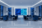 Deep & Shallow navy and aqua organic abstract artwork in a luxury hotel lobby
