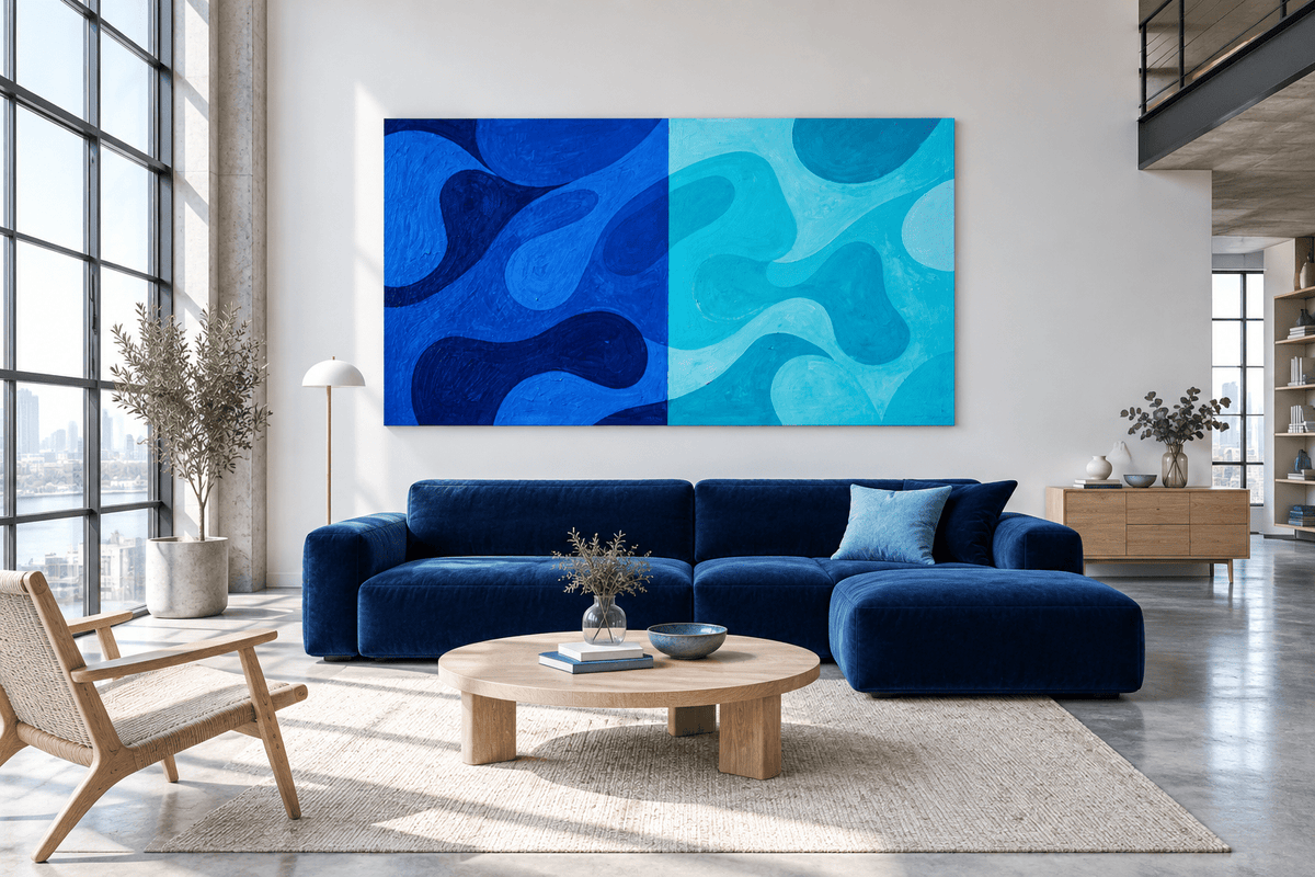 Deep & Shallow organic abstract artwork with navy, cobalt, aqua and glacial-cyan fields a modern loft
