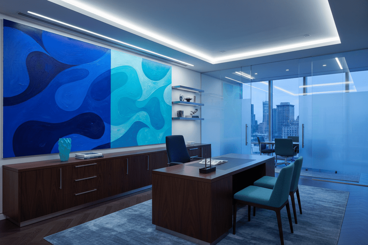 Deep & Shallow navy and aqua organic abstract artwork in a modern executive office