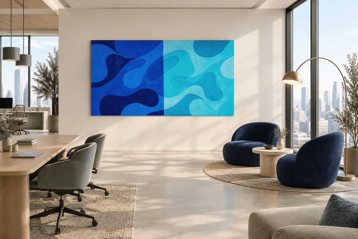 Deep & Shallow organic abstract artwork with navy, cobalt, aqua and glacial-cyan fields in an open-plan office