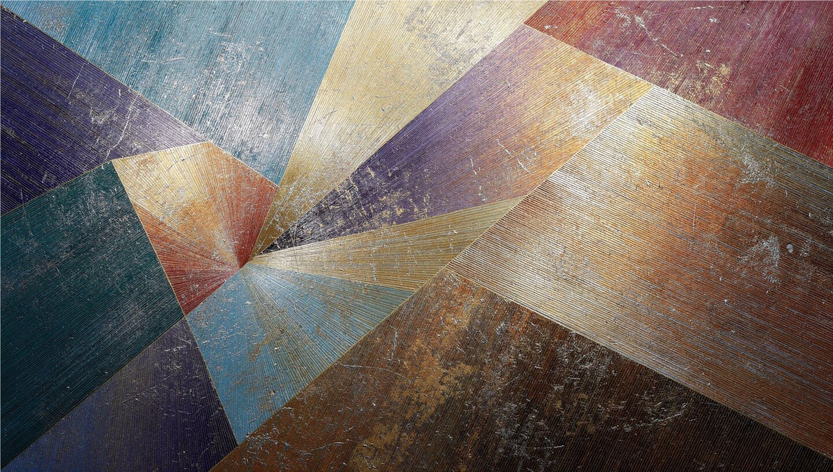Earthen Vortex abstract geometric artwork with slate teal, umber, burgundy and dusty-gold fan-shaped planes