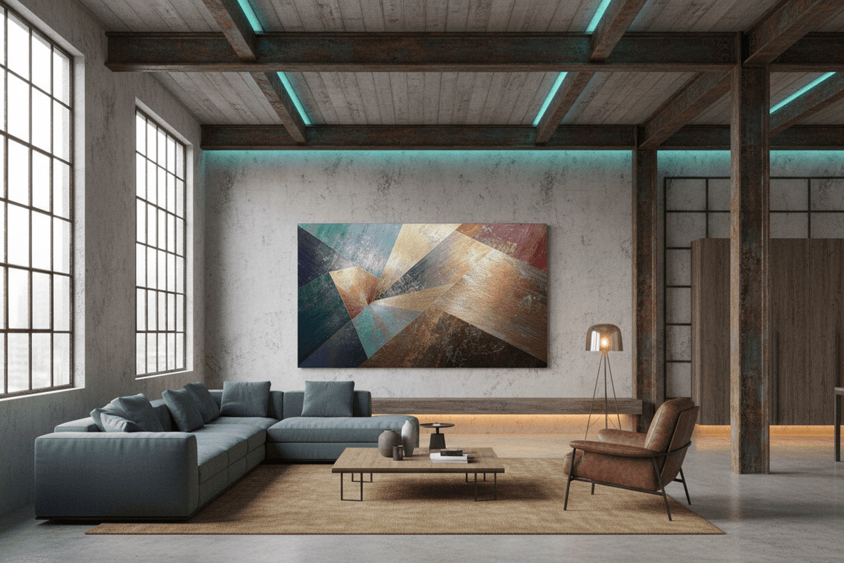 Earthen Vortex earth-tone geometric artwork in a modern industrial loft