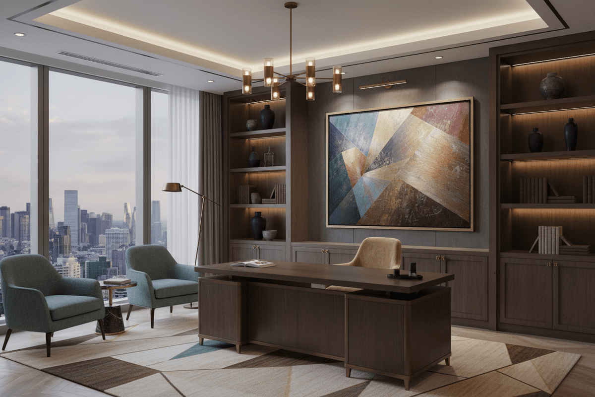 Earthen Vortex geometric artwork with ochre and violet fields in a modern executive office