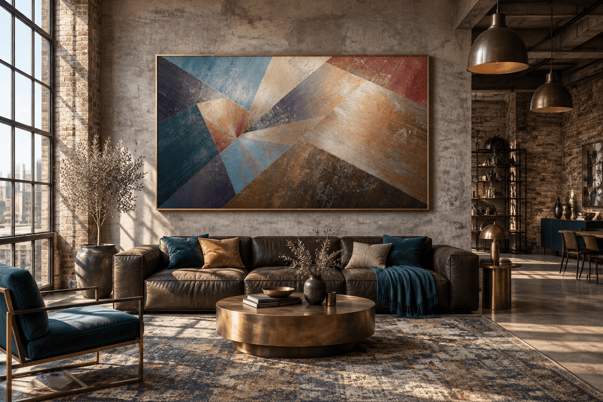 Earthen Vortex abstract geometric artwork with slate teal, umber, burgundy and dusty-gold fan-shaped planes in an industrial loft