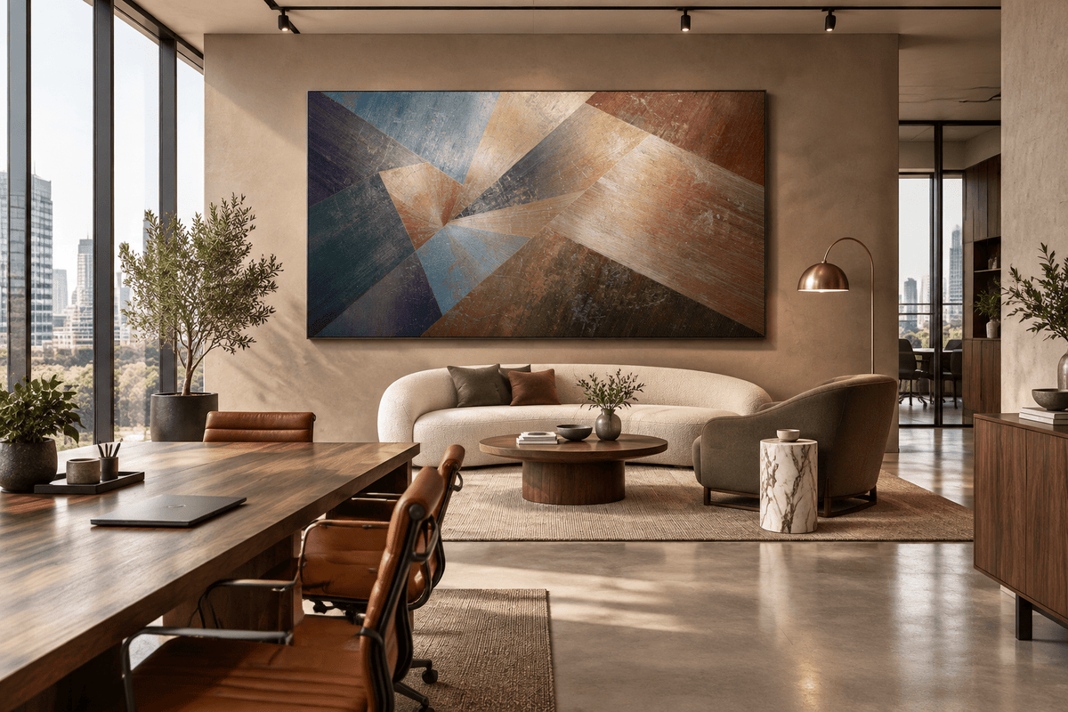 Earthen Vortex abstract geometric artwork with slate teal, umber, burgundy and dusty-gold fan-shaped planes in an open-plan office