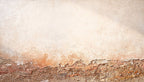 Ember Course abstract artwork with a broad chalk-cream plaster field and a low fractured course of rust, terracotta, umber and granular stone residue