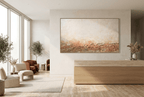 Ember Course abstract artwork with a broad chalk-cream plaster field and a low fractured course of rust, terracotta, umber and granular stone residue in a private clinic with reception and waiting area