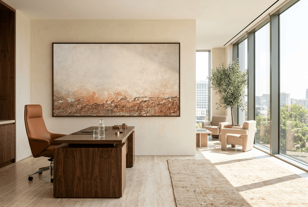 Ember Course abstract artwork with a broad chalk-cream plaster field and a low fractured course of rust, terracotta, umber and granular stone residue in an executive office
