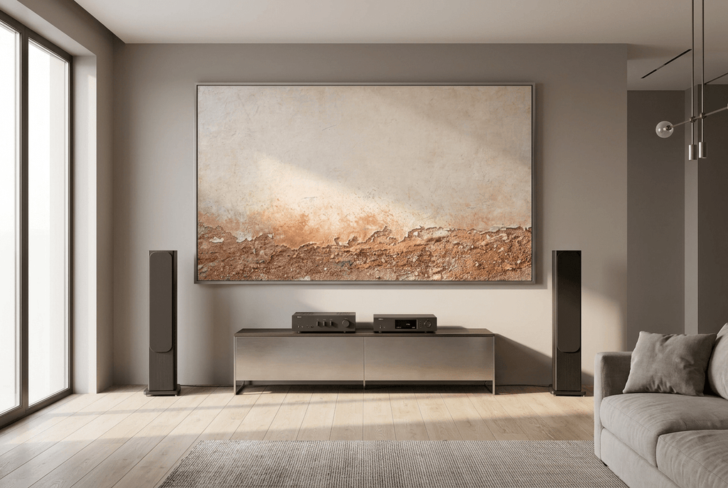 Ember Course abstract artwork with a broad chalk-cream plaster field and a low fractured course of rust, terracotta, umber and granular stone in a hifi living room