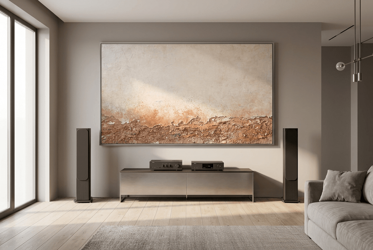 Ember Course abstract artwork with a broad chalk-cream plaster field and a low fractured course of rust, terracotta, umber and granular stone in a hifi living room