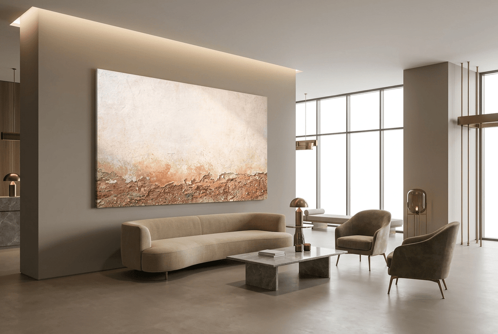 Ember Course abstract artwork with a broad chalk-cream plaster field and a low fractured course of rust, terracotta, umber and granular stone residue in a modern hotel lobby