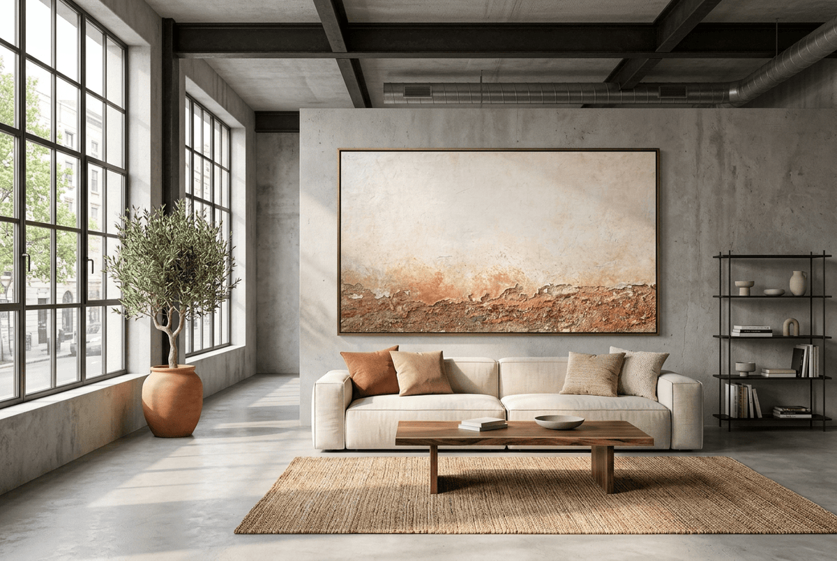 Ember Course abstract artwork with a broad chalk-cream plaster field and a low fractured course of rust, terracotta, umber and granular stone residue in a modern industrial loft
