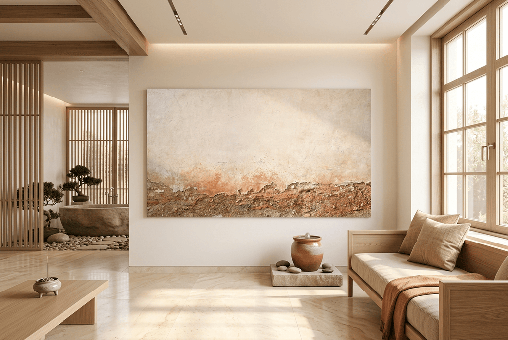 Ember Course abstract artwork with a broad chalk-cream plaster field and a low fractured course of rust, terracotta, umber and granular stone residue in a wellness spa