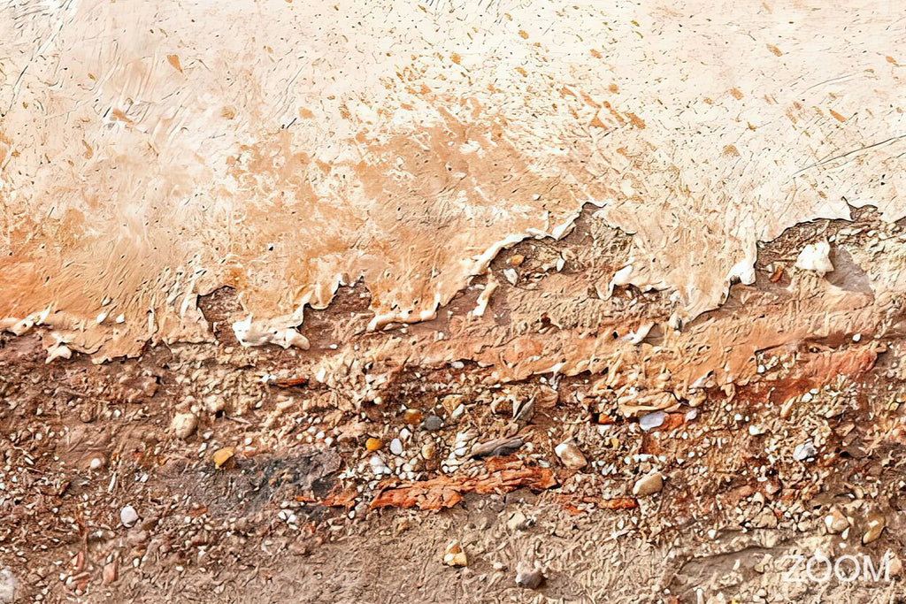 Zoom of Ember Course abstract artwork with a broad chalk-cream plaster field and a low fractured course of rust, terracotta, umber and granular stone residue