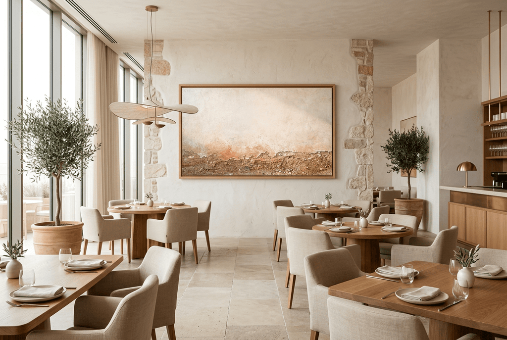 Ember Course abstract artwork with a broad chalk-cream plaster field and a low fractured course of rust, terracotta, umber and granular stone residue in a modern restaurant
