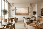 Ember Course abstract artwork with a broad chalk-cream plaster field and a low fractured course of rust, terracotta, umber and granular stone residue in a modern restaurant