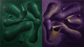 Emerald & Amethyst biomorphic diptych artwork with dark emerald, violet and muted-gold contours