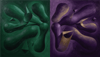 Emerald & Amethyst biomorphic diptych artwork with dark emerald, violet and muted-gold contours