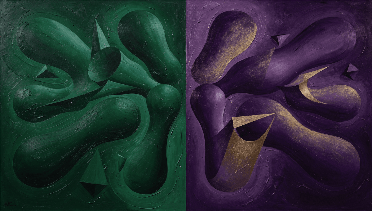 Emerald & Amethyst biomorphic diptych artwork with dark emerald, violet and muted-gold contours