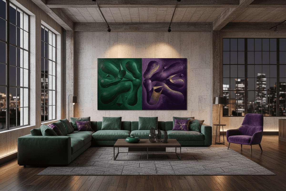Emerald & Amethyst emerald and violet biomorphic artwork in a modern industrial loft