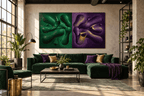 Emerald & Amethyst biomorphic diptych artwork with dark emerald, violet and muted-gold contours in a modern industrial loft