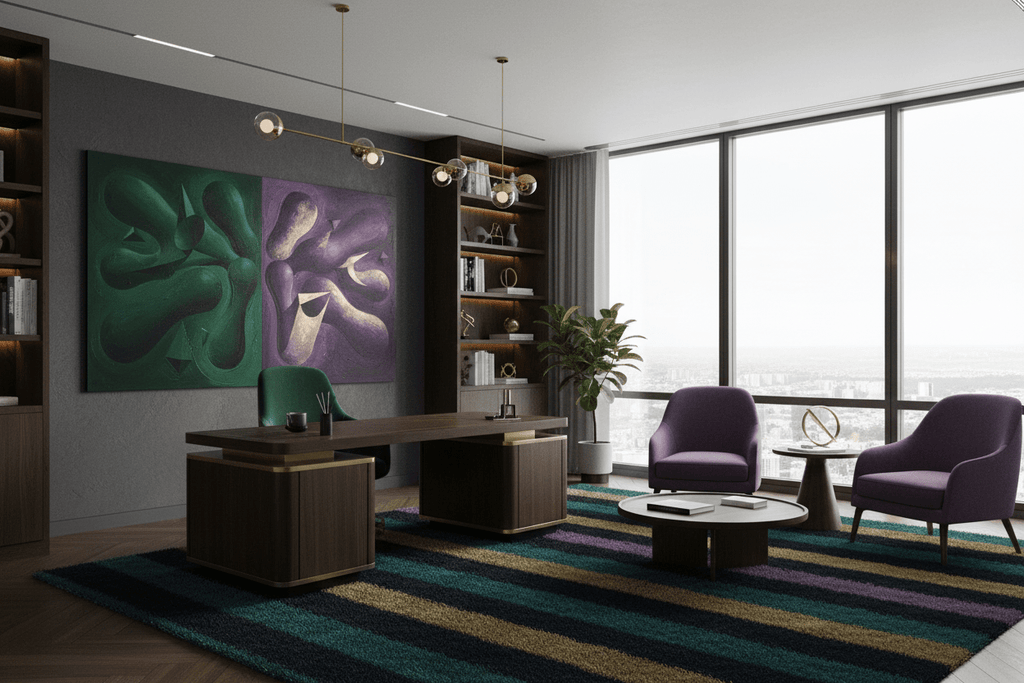 Emerald & Amethyst emerald and violet biomorphic artwork in a contemporary executive office