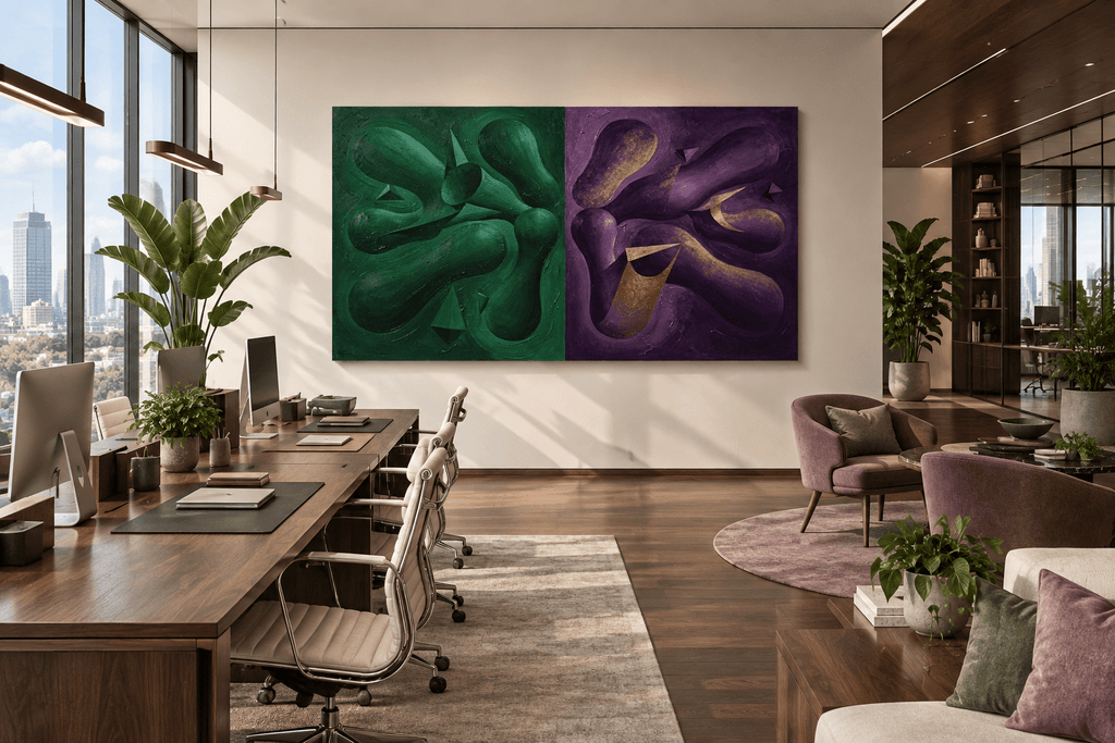 Emerald & Amethyst biomorphic diptych artwork with dark emerald, violet and muted-gold contours in an open-plan office