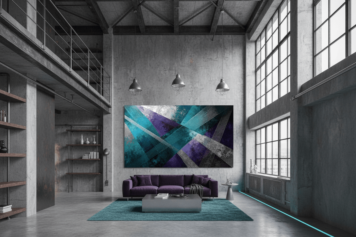Frequency Drift teal and violet geometric artwork in a modern industrial loft