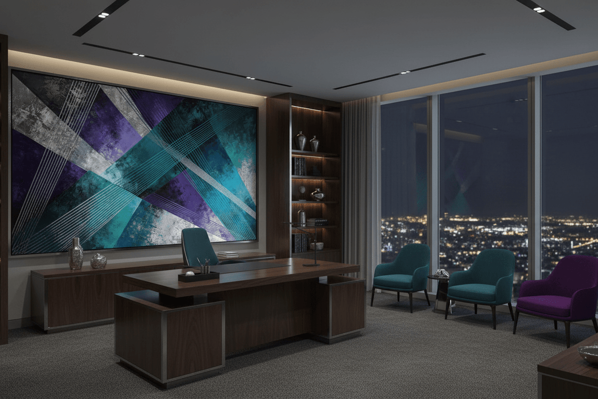 Frequency Drift architectural geometric artwork with teal planes in a modern executive office