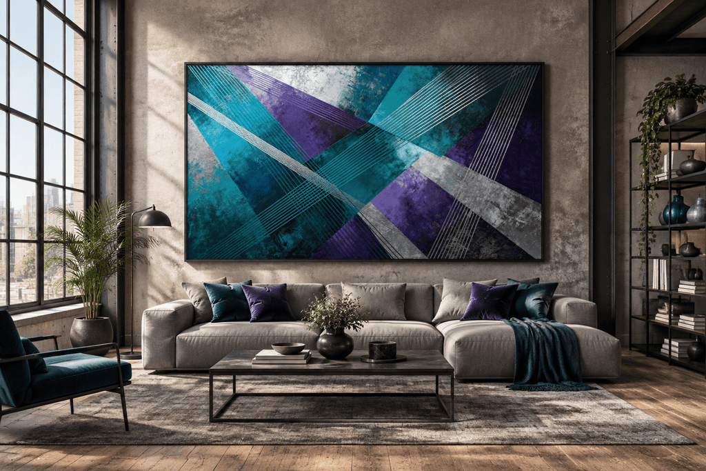 Frequency Drift abstract geometric artwork with teal, violet, silver and black crossing planes in an industrial loft