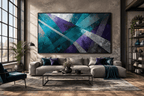 Frequency Drift abstract geometric artwork with teal, violet, silver and black crossing planes in an industrial loft