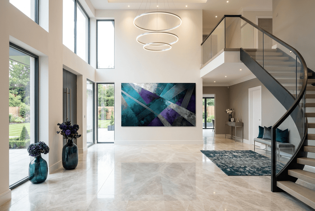 Frequency Drift abstract geometric artwork with teal, violet, silver and black crossing planes in a luxury two story foyer