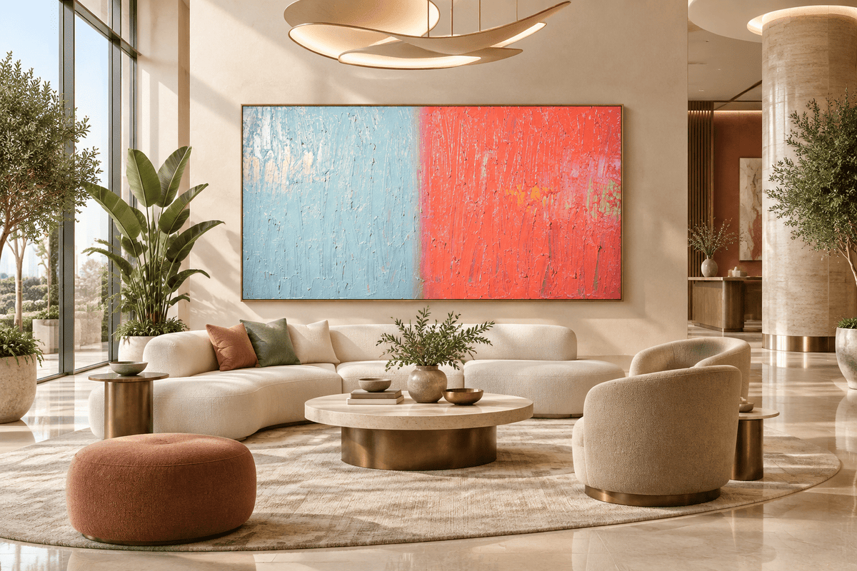 Frost & Coral icy blue and coral textural abstract artwork in a modern hotel lobby