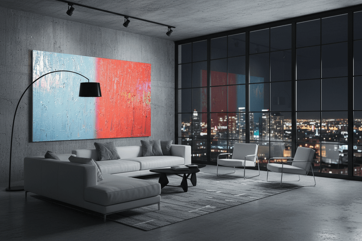 Frost & Coral icy blue and coral artwork in a modern industrial loft
