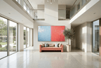 Frost & Coral icy blue and coral textural abstract artwork in a luxury two story foyer
