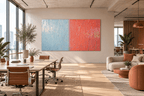 Frost & Coral icy blue and coral textural abstract artwork in an open-plan office