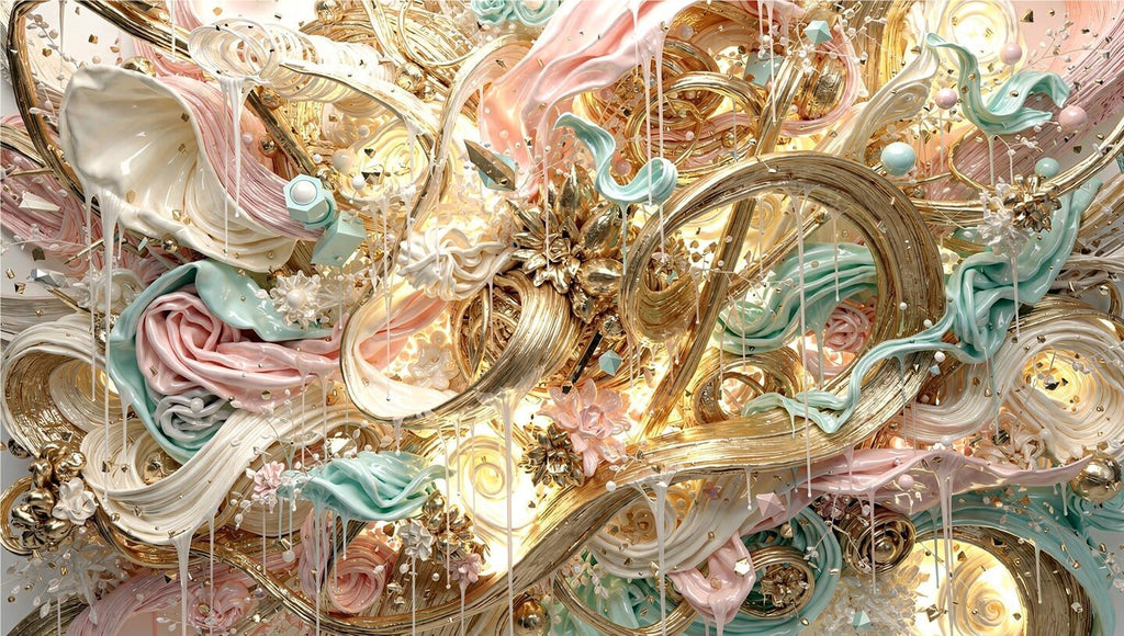 Gilded Reverie lyrical abstraction with gold ribbons, blush folds and mint forms